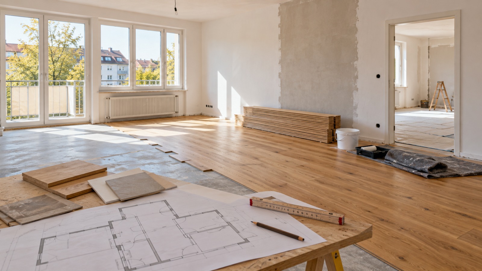 Wohnung während der Renovierung mit neu verlegtem Holzboden und vorbereiteten Wänden